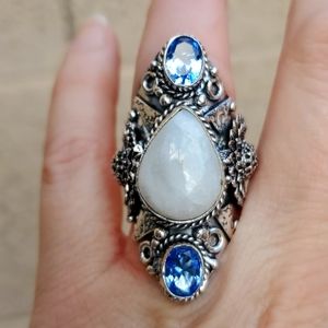 New Rainbow Moonstone & Blue Topaz 925 Silver Statement Ring.